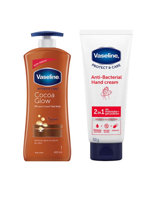 

Vaseline Set of Intensive Care Cocoa Glow Body Lotion & Anti-Bacterial Hand Cream, White