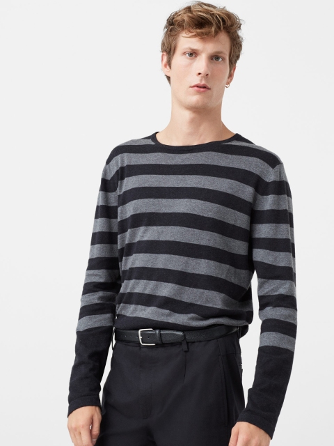 

H.E. By Mango Men Grey Melange & Black Striped Round Neck T-shirt