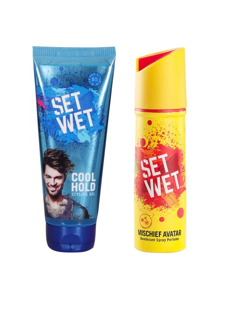 

Set Wet Men Set Of Mischief Avatar Deodorant Spray Perfume & Cool Hold Hair Styling Gel, Yellow