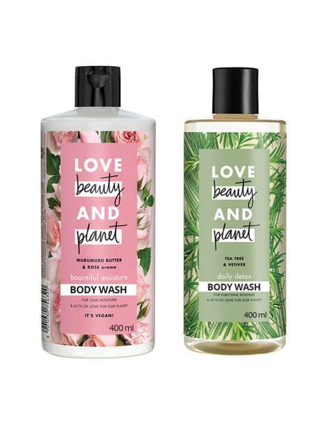 

Love Beauty & Planet Set of 2 Body Washes-Tea Tree & Vetiver-Murumuru Butter & Rose Aroma, Pink