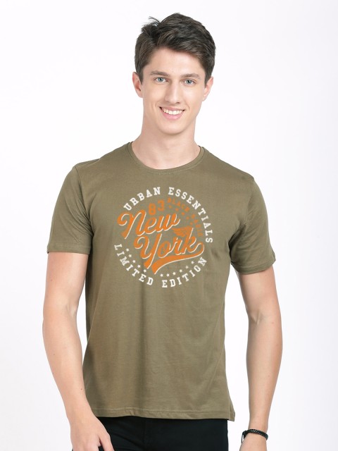 

MASH UNLIMITED Men Olive Green & White Typography Printed Slim Fit T-shirt