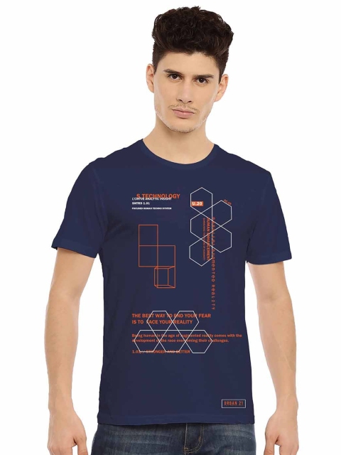 

MASH UNLIMITED Men Navy Blue & Red Typography Printed Slim Fit T-shirt