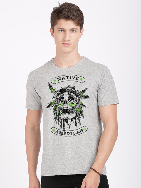 

MASH UNLIMITED Men Grey Melange & Black Printed Slim Fit T-shirt