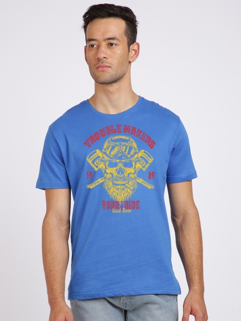 

MASH UNLIMITED Men Blue & Yellow Biker Printed Slim Fit T-shirt