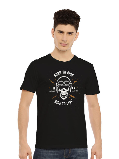 

MASH UNLIMITED Men Black & White Biker Printed Slim Fit T-shirt