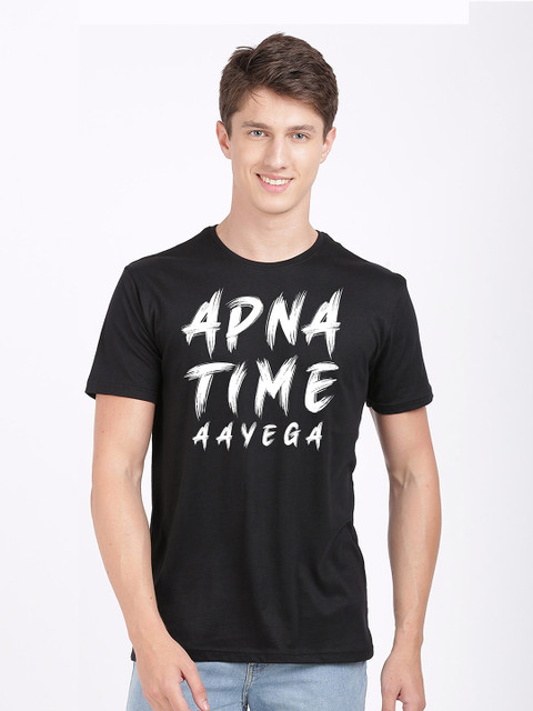 

MASH UNLIMITED Men Black & White Apna Time Aayega Printed Slim Fit T-shirt