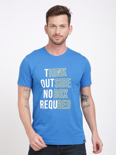 

MASH UNLIMITED Men Blue & White Typography Printed Slim Fit T-shirt