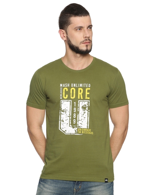 

MASH UNLIMITED Men Olive Green & White Typography Printed Slim Fit T-shirt