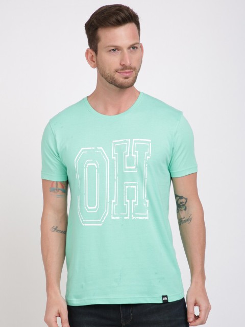 

MASH UNLIMITED Men Turquoise Blue & White Typography Printed Slim Fit T-shirt