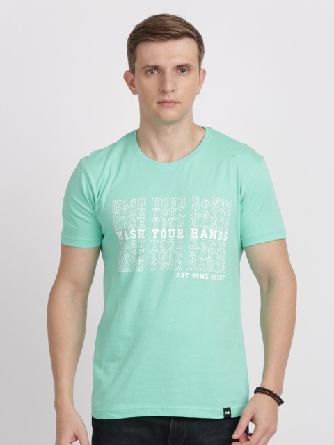 

MASH UNLIMITED Men Turquoise Blue & White Typography Printed Slim Fit T-shirt