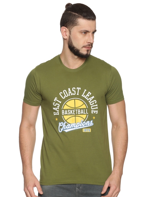 

MASH UNLIMITED Men Olive Green & White Sports Printed Slim Fit T-shirt