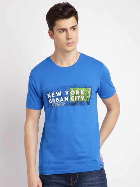 

MASH UNLIMITED Men Blue & White Typography Printed Slim Fit T-shirt