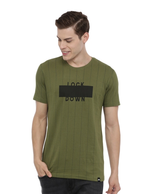 

MASH UNLIMITED Men Olive Green & Black Striped Slim Fit T-shirt