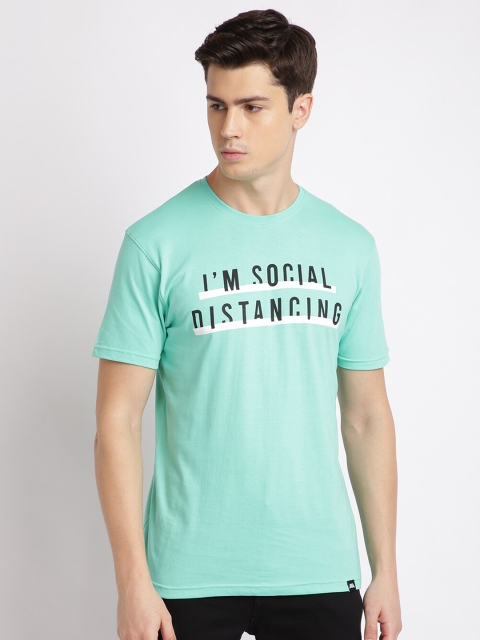 

MASH UNLIMITED Men Turquoise Blue & Black Typography Printed Slim Fit T-shirt