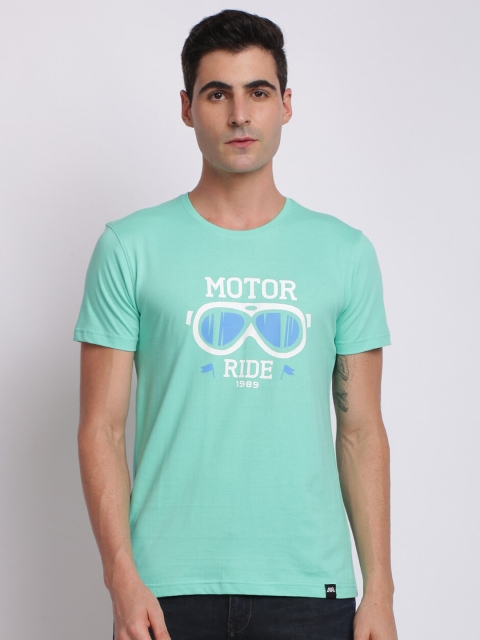 

MASH UNLIMITED Men Turquoise Blue & White Biker Printed Slim Fit T-shirt