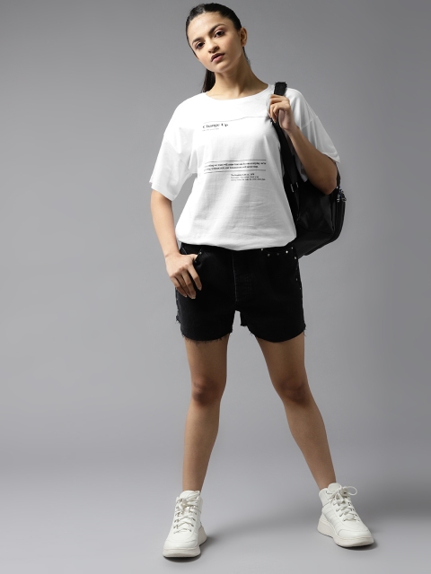 

UTH by Roadster Girls White & Black Cotton Typography Print Drop-Shoulder Sleeves T-shirt