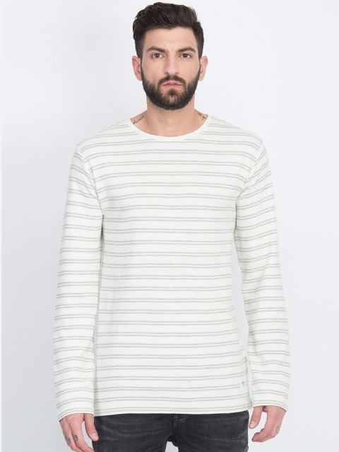

LINDBERGH Men Off White & Grey Striped Slim Fit T-shirt
