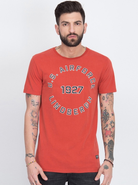 

LINDBERGH Men Orange & Black Typography Printed Slim Fit T-shirt