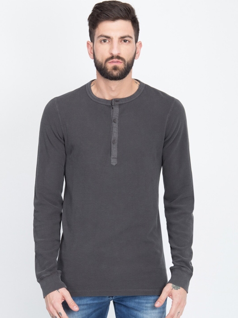 

LINDBERGH Men Charcoal Henley Neck Slim Fit T-shirt