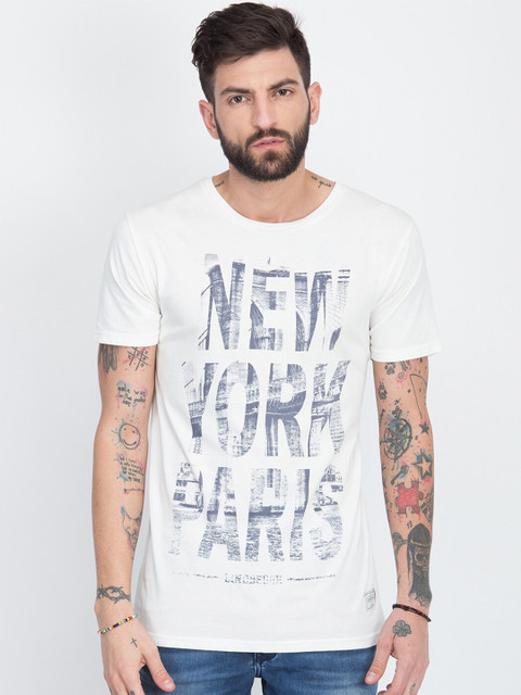 

LINDBERGH Men Off White & Grey Printed Slim Fit T-shirt