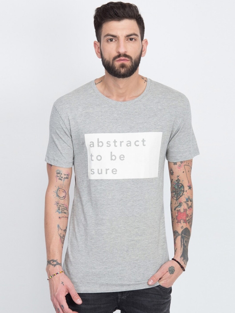 

LINDBERGH Men Grey Melange & White Typography Printed Slim Fit T-shirt