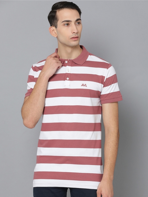 

LINDBERGH Men Pink & White Striped Polo Collar Slim Fit T-shirt