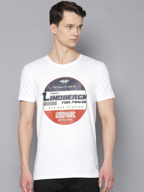 

LINDBERGH Men White & Navy Blue Printed Slim Fit T-shirt