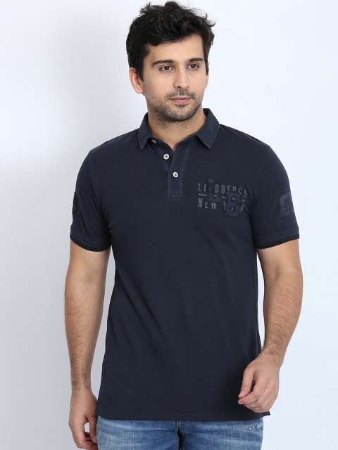 

LINDBERGH Men Navy Blue Brand Logo Printed Polo Collar Slim Fit T-shirt