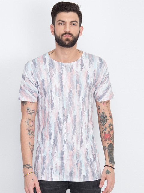 

LINDBERGH Men White Peach-Coloured Printed Slim Fit Cotton Pure Cotton T-shirt