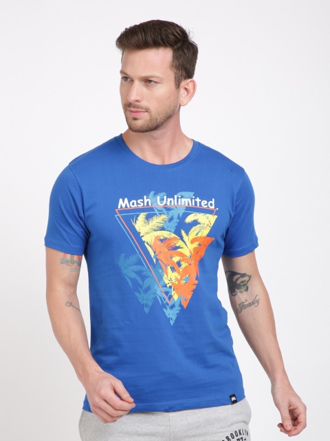 

MASH UNLIMITED Men Blue Brand Logo Printed Slim Fit Cotton T-shirt