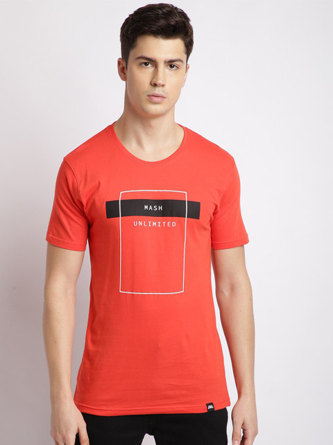 

MASH UNLIMITED Men Orange Brand Logo Printed Slim Fit Cotton T-shirt