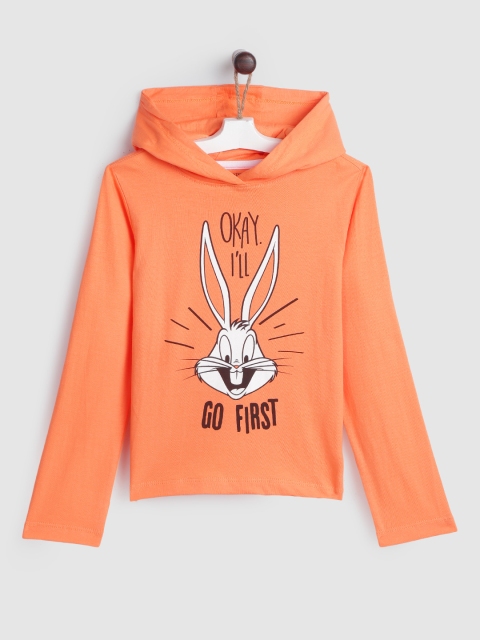 

YK Warner Bros Boys Coral Orange & White Cotton Bugs Bunny Printed Hooded T-shirt
