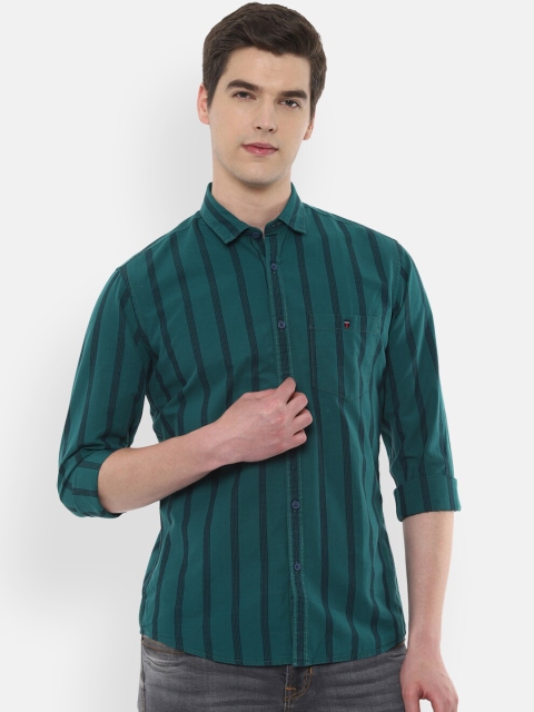 

Louis Philippe Jeans Men Green & Black Slim Fit Striped Pure Cotton Casual Shirt