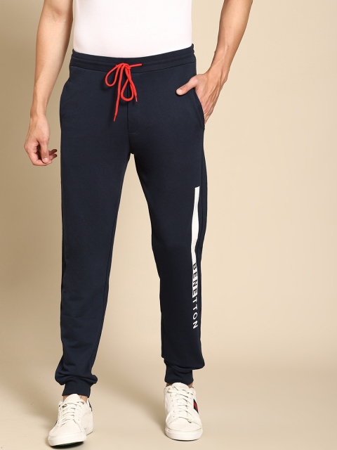 

United Colors of Benetton Men Navy Blue & White Brand Logo Print Joggers