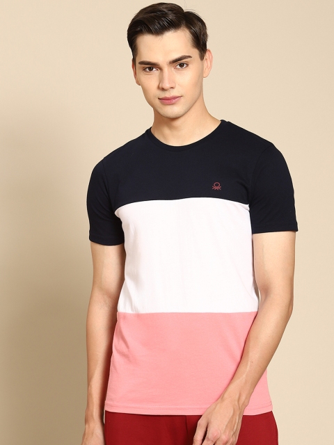 

United Colors of Benetton Men Navy Blue & White Colourblocked T-shirt