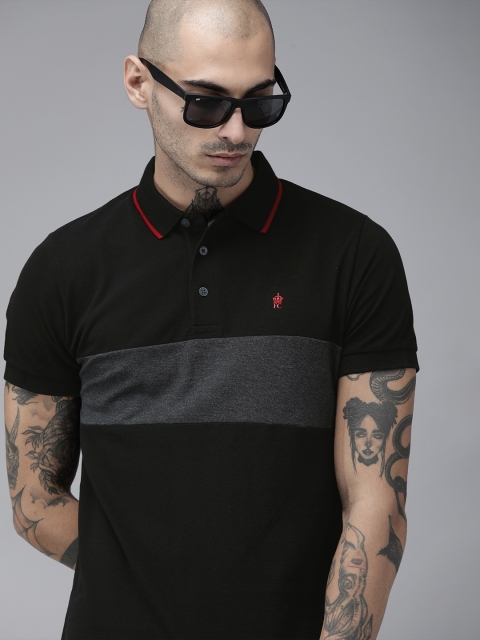 

French Connection Men Black Charcoal Grey Colourblocked Polo Collar Pure Cotton T-shirt