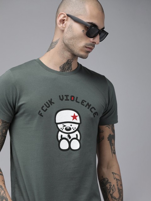 

French Connection Men Grey Printed Pure Cotton T-shirt