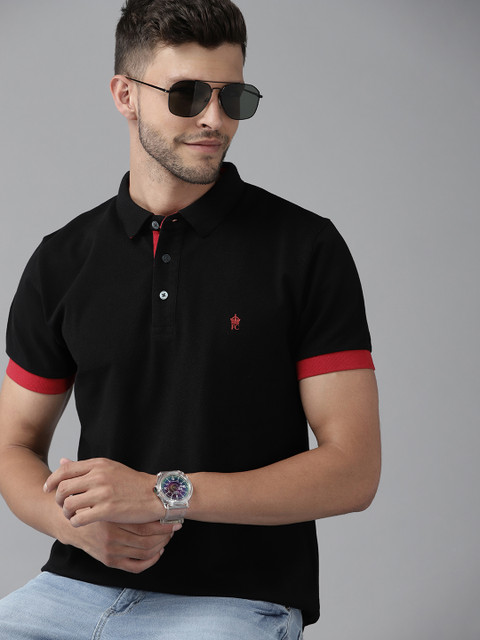 

French Connection Men Black Solid Cotton Polo Collar Slim Fit T-shirt