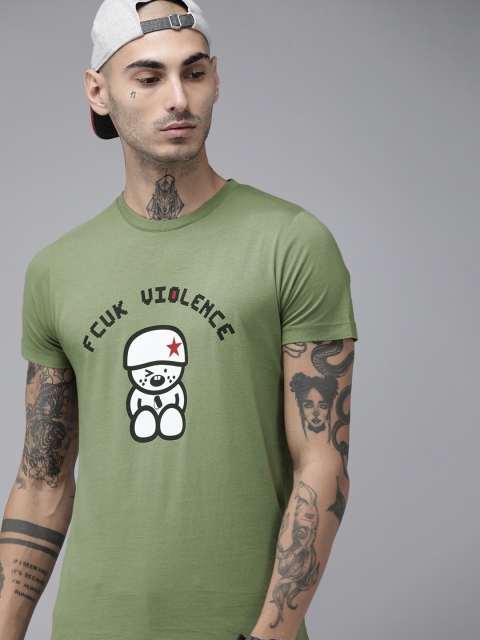 

French Connection Men Green Typography Printed Pure Cotton T-shirt