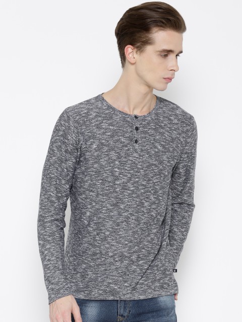 United Colors of Benetton Men Grey Grindle Effect Henley T-shirt