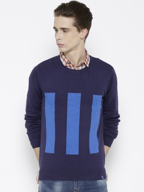 

United Colors of Benetton Men Navy Striped Sweater, Navy blue