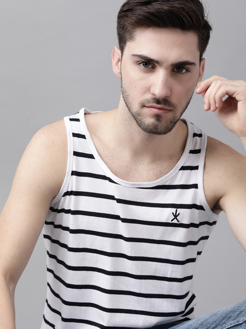 

Roadster Men White Black Pure Cotton Striped Pure Cotton T-shirt