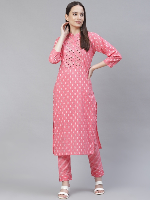 

Meeranshi Women Pink Ethnic Motifs Printed Regular Beads and Stones Kurta with Trousers