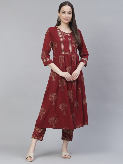 

Meeranshi Women Maroon Ethnic Motifs Printed Regular Kurta with Trousers