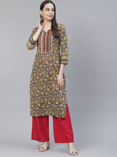 

Meeranshi Women Brown Floral Printed Regular Gotta Patti Pure Cotton Kurta with Palazzos