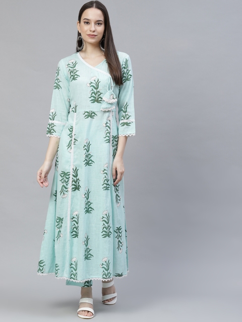 

Meeranshi Women Blue Floral Printed Angrakha Kurta with Palazzos