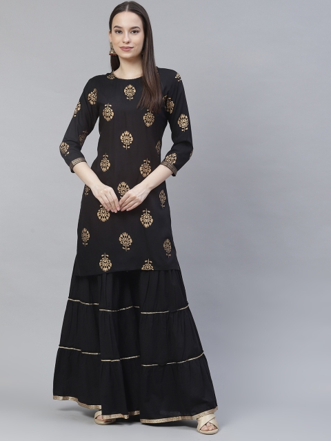 

Meeranshi Women Black Ethnic Motifs Printed Regular Gotta Patti Kurta with Sharara