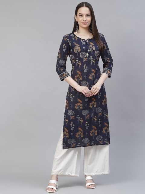 

Meeranshi Women Navy Blue & White Floral Printed Regular Pure Cotton Kurta with Palazzos