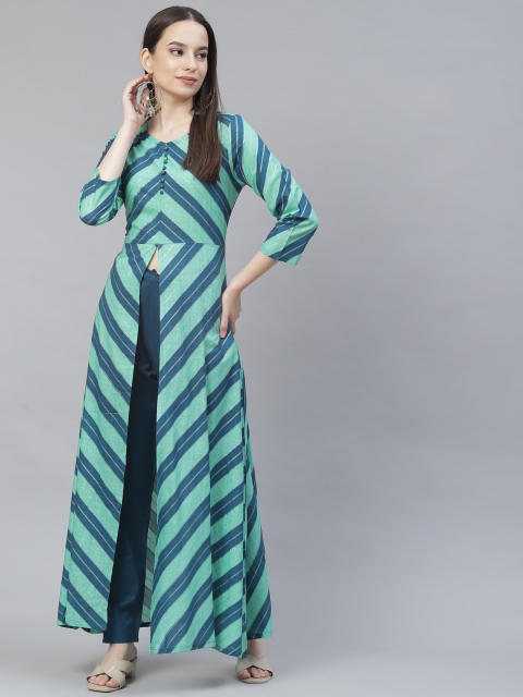 

Meeranshi Women Teal Printed High Slit Pure Cotton Kurta with Trousers