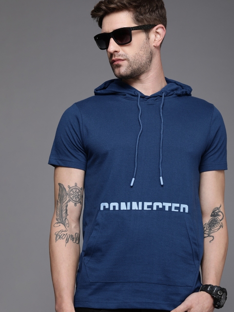 

WROGN Men Teal Printed & White Typography Opaque Hood T-shirt